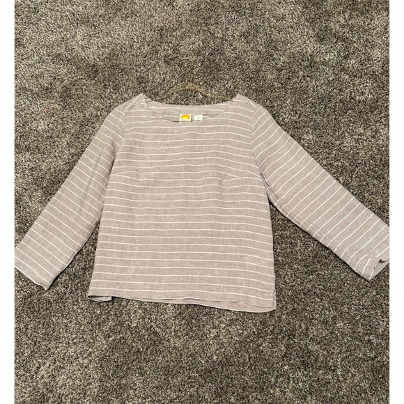 C&C California Striped Linen Long Sleeve Top Women Size S Beige White Boat Neck - Picture 4 of 6